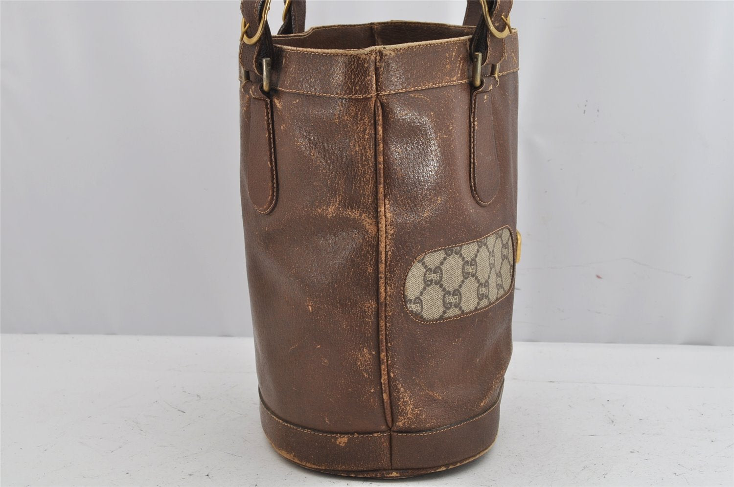 Authentic GUCCI GG Plus Shoulder Tote Bag Leather GG PVC Brown Junk 1024K