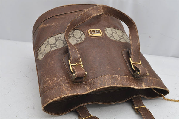Authentic GUCCI GG Plus Shoulder Tote Bag Leather GG PVC Brown Junk 1024K