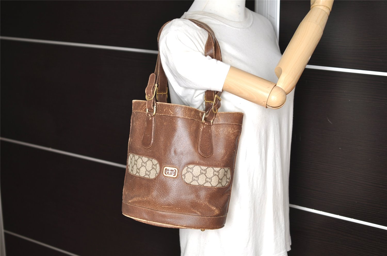 Authentic GUCCI GG Plus Shoulder Tote Bag Leather GG PVC Brown Junk 1024K