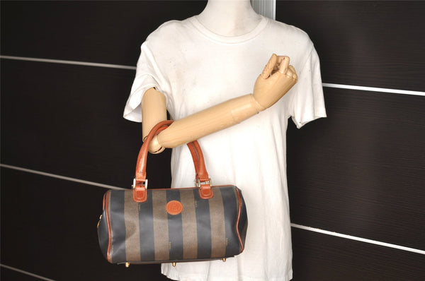 Authentic FENDI Pequin 2Way Hand Bag Purse PVC Leather Brown Black 1025I