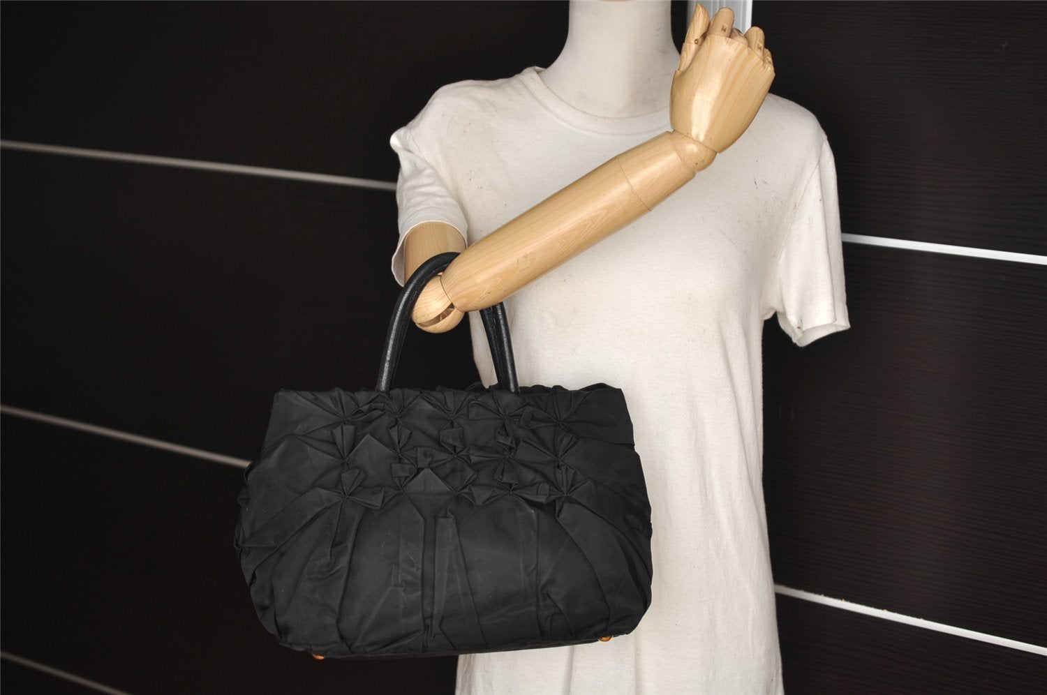 Authentic PRADA Vintage Nylon Tessuto Leather Tote Hand Bag Purse Black 1026J
