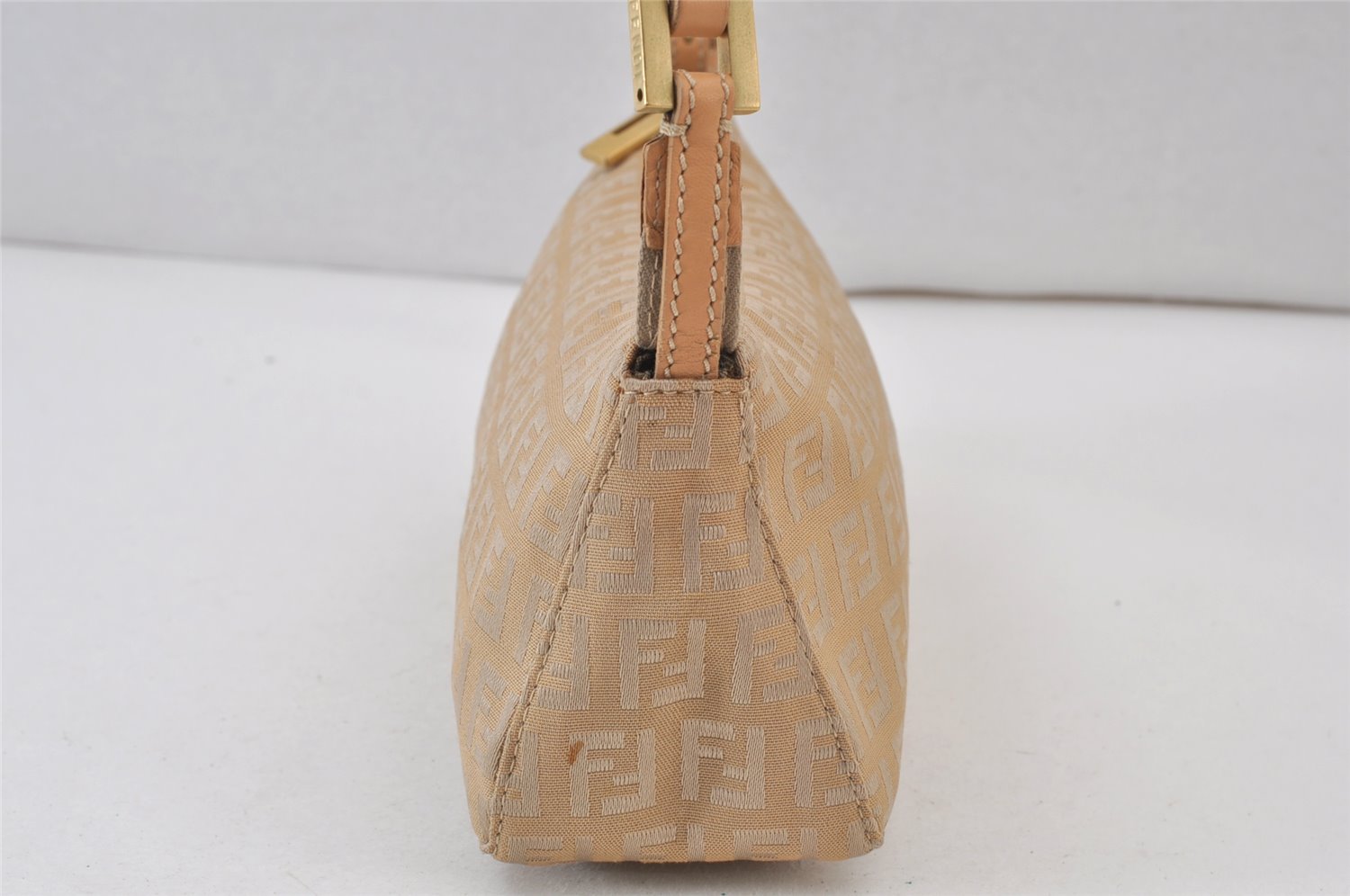 Authentic FENDI Vintage Zucchino Hand Bag Pouch Purse Canvas Leather Beige 1026K