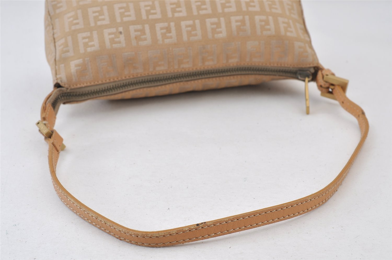 Authentic FENDI Vintage Zucchino Hand Bag Pouch Purse Canvas Leather Beige 1026K