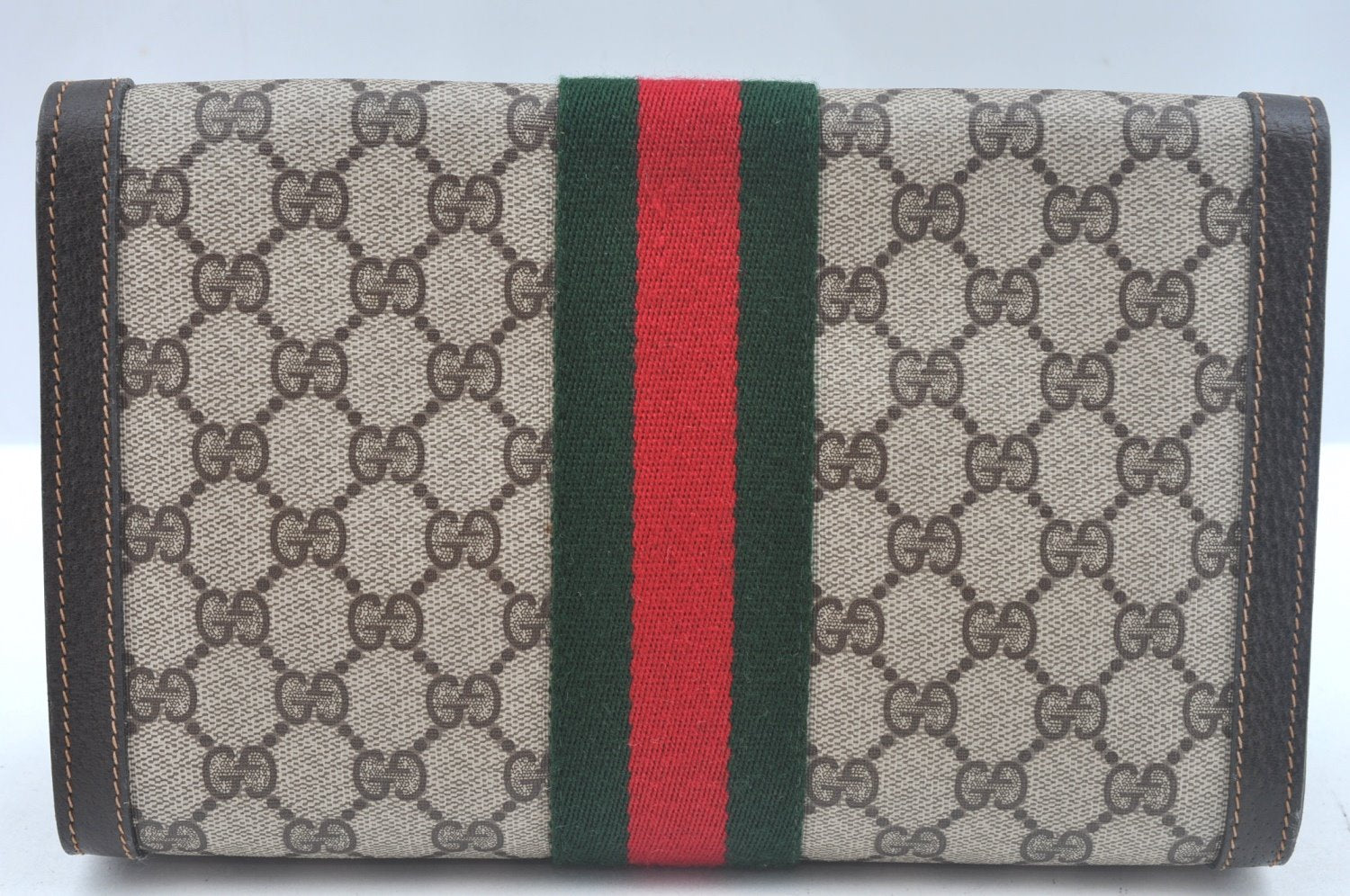 Authentic GUCCI Web Sherry Line Clutch Hand Bag Purse GG PVC Leather Brown 1031K