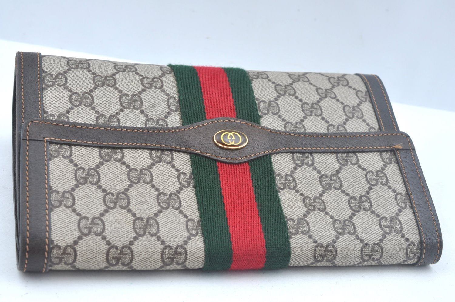 Authentic GUCCI Web Sherry Line Clutch Hand Bag Purse GG PVC Leather Brown 1031K