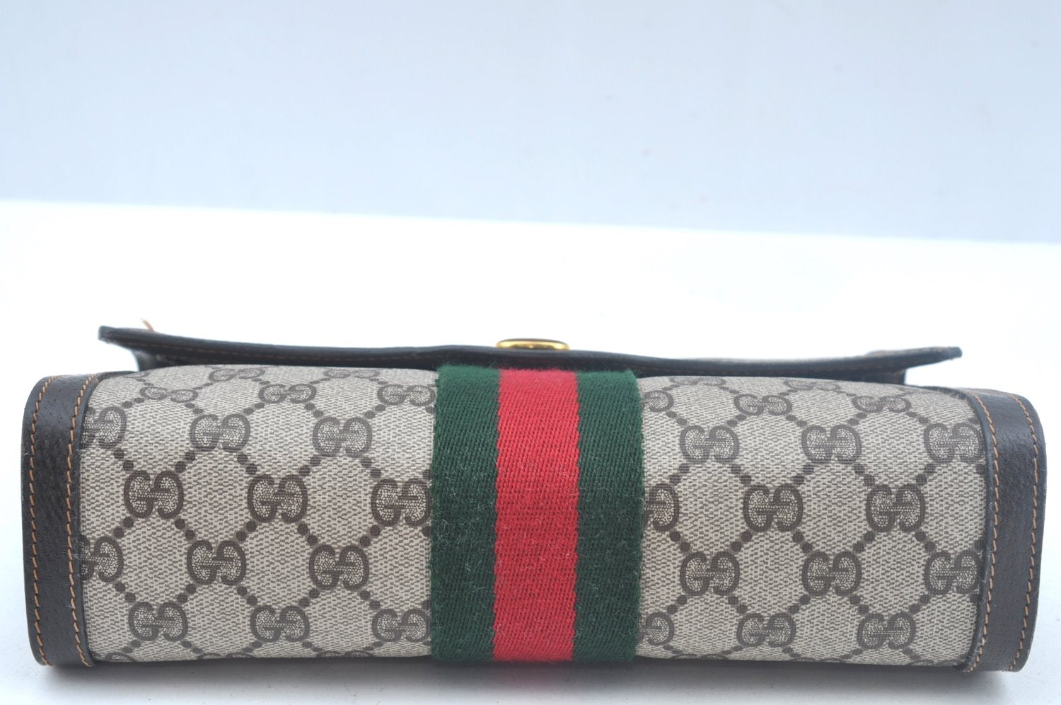 Authentic GUCCI Web Sherry Line Clutch Hand Bag Purse GG PVC Leather Brown 1031K