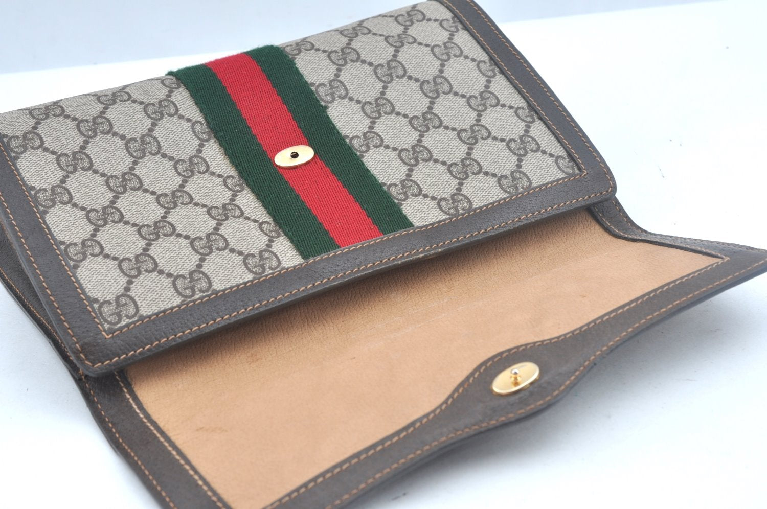 Authentic GUCCI Web Sherry Line Clutch Hand Bag Purse GG PVC Leather Brown 1031K