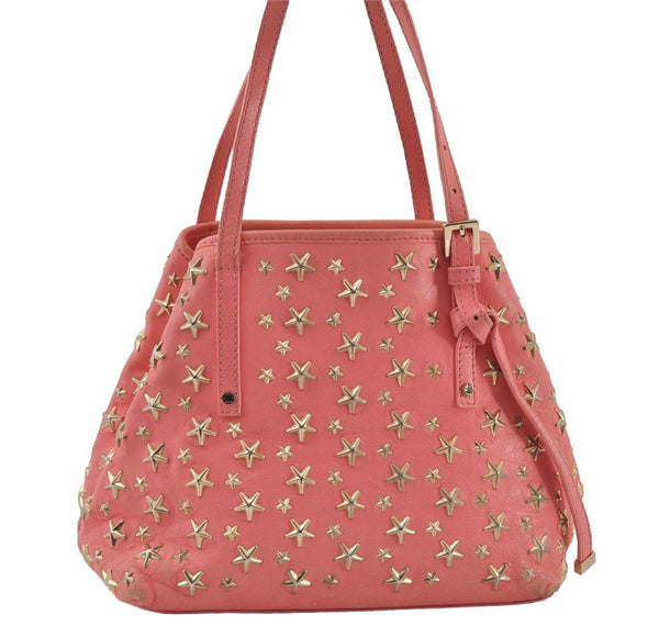 Authentic JIMMY CHOO Vintage Star Studs Leather Shoulder Tote Bag Pink 1036J