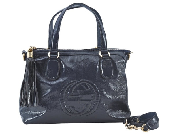 Authentic GUCCI SOHO Tassel 2Way Shoulder Hand Tote Bag Enamel 308362 Navy 1038K
