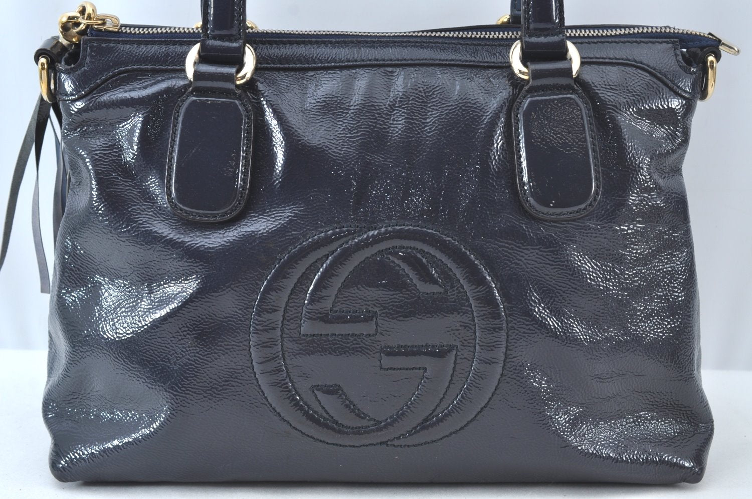 Authentic GUCCI SOHO Tassel 2Way Shoulder Hand Tote Bag Enamel 308362 Navy 1038K