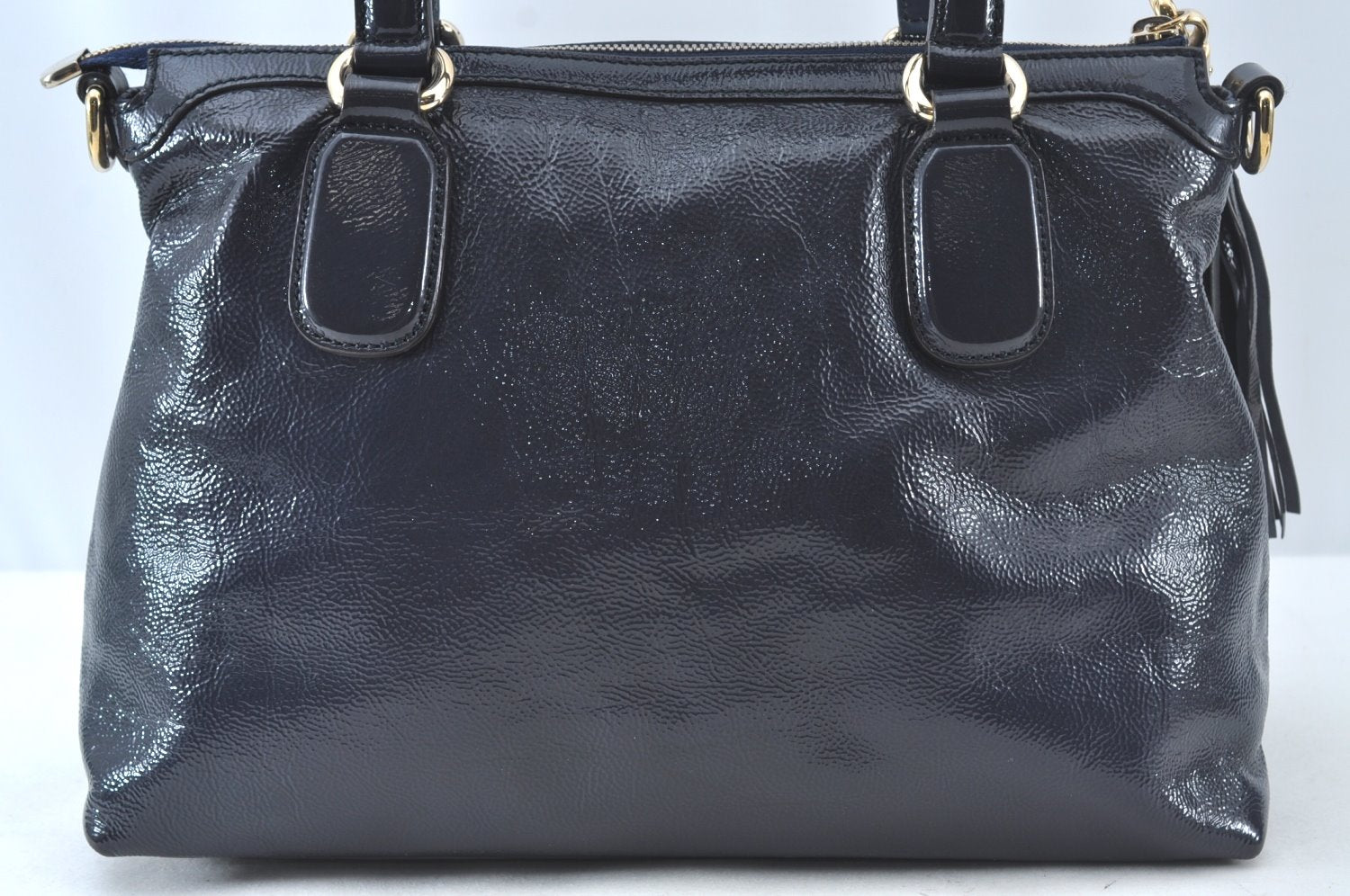 Authentic GUCCI SOHO Tassel 2Way Shoulder Hand Tote Bag Enamel 308362 Navy 1038K