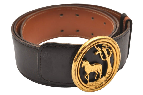 Authentic HERMES Horse Buckle Leather Belt Size 77-85cm 30.3-33.5" Brown 1039J