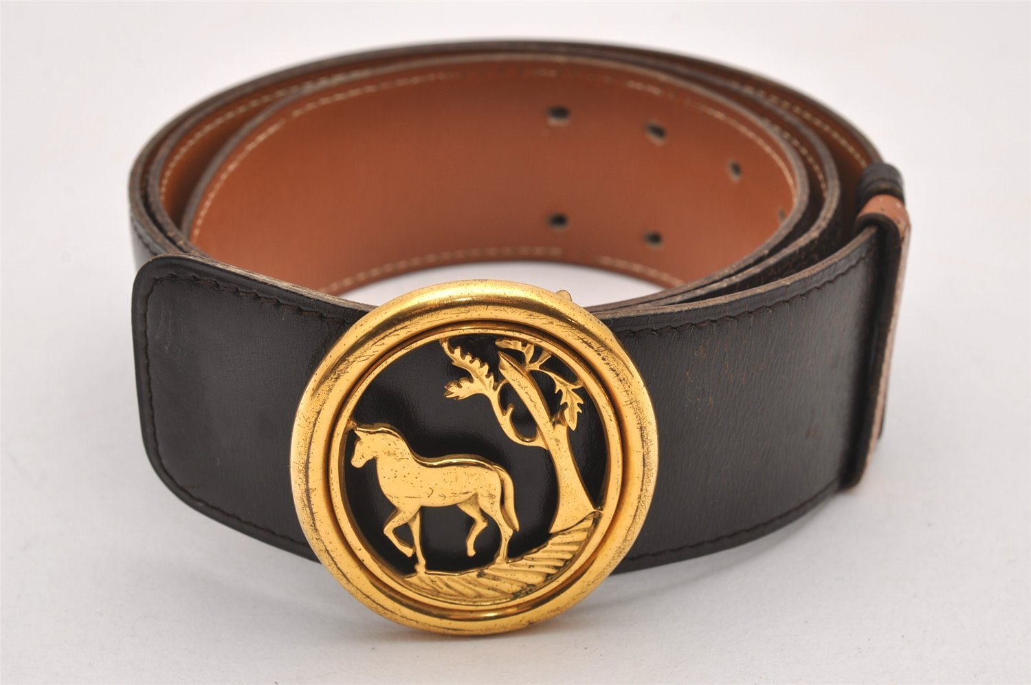 Authentic HERMES Horse Buckle Leather Belt Size 77-85cm 30.3-33.5