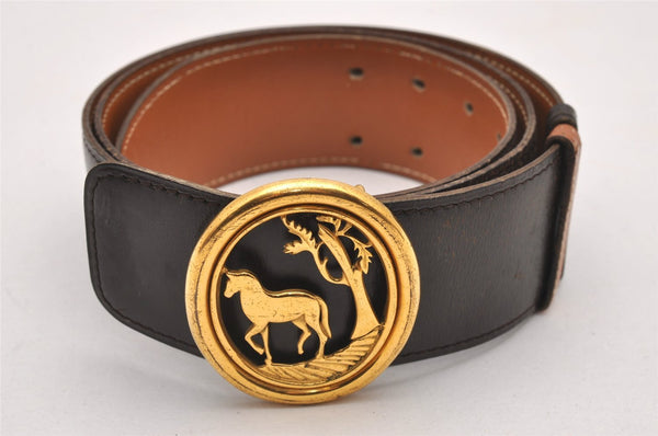 Authentic HERMES Horse Buckle Leather Belt Size 77-85cm 30.3-33.5" Brown 1039J