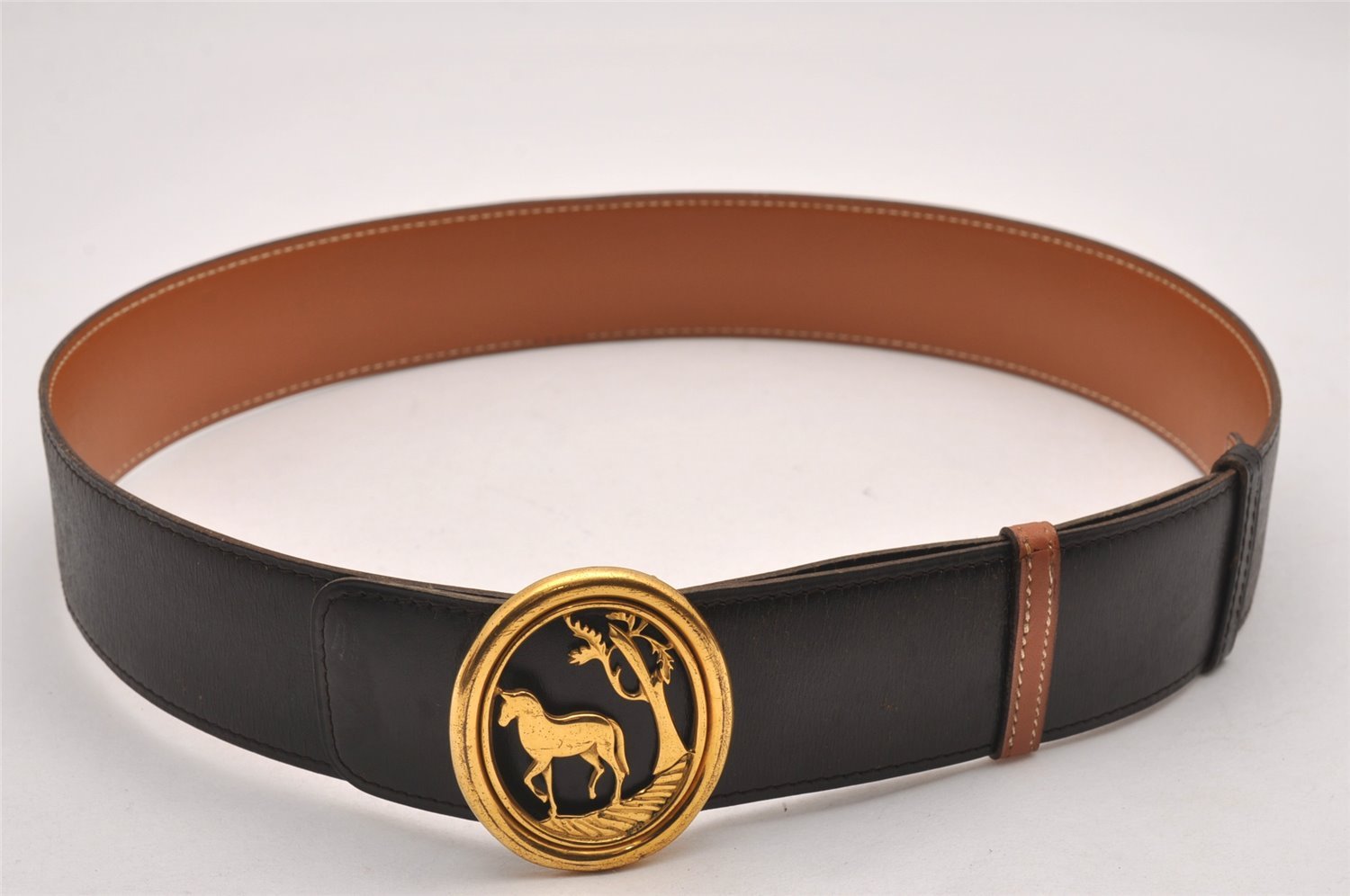 Authentic HERMES Horse Buckle Leather Belt Size 77-85cm 30.3-33.5