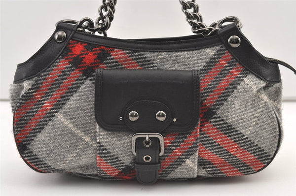 Authentic BURBERRY BLUE LABEL Check Shoulder Bag Wool Leather Gray 1039K