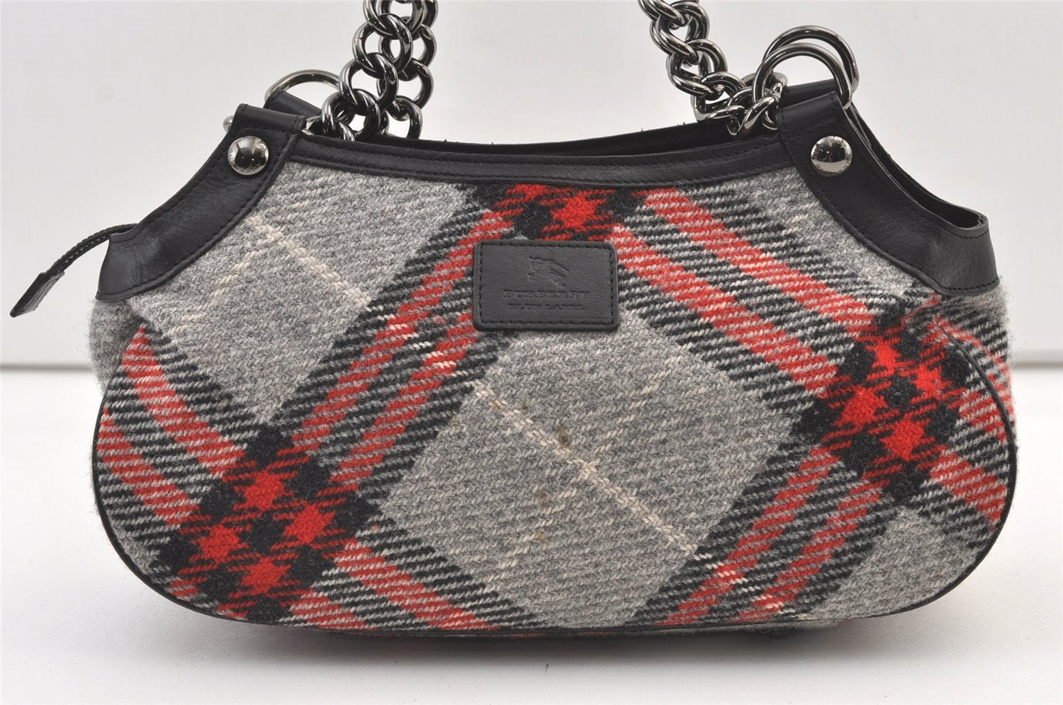 Authentic BURBERRY BLUE LABEL Check Shoulder Bag Wool Leather Gray 1039K