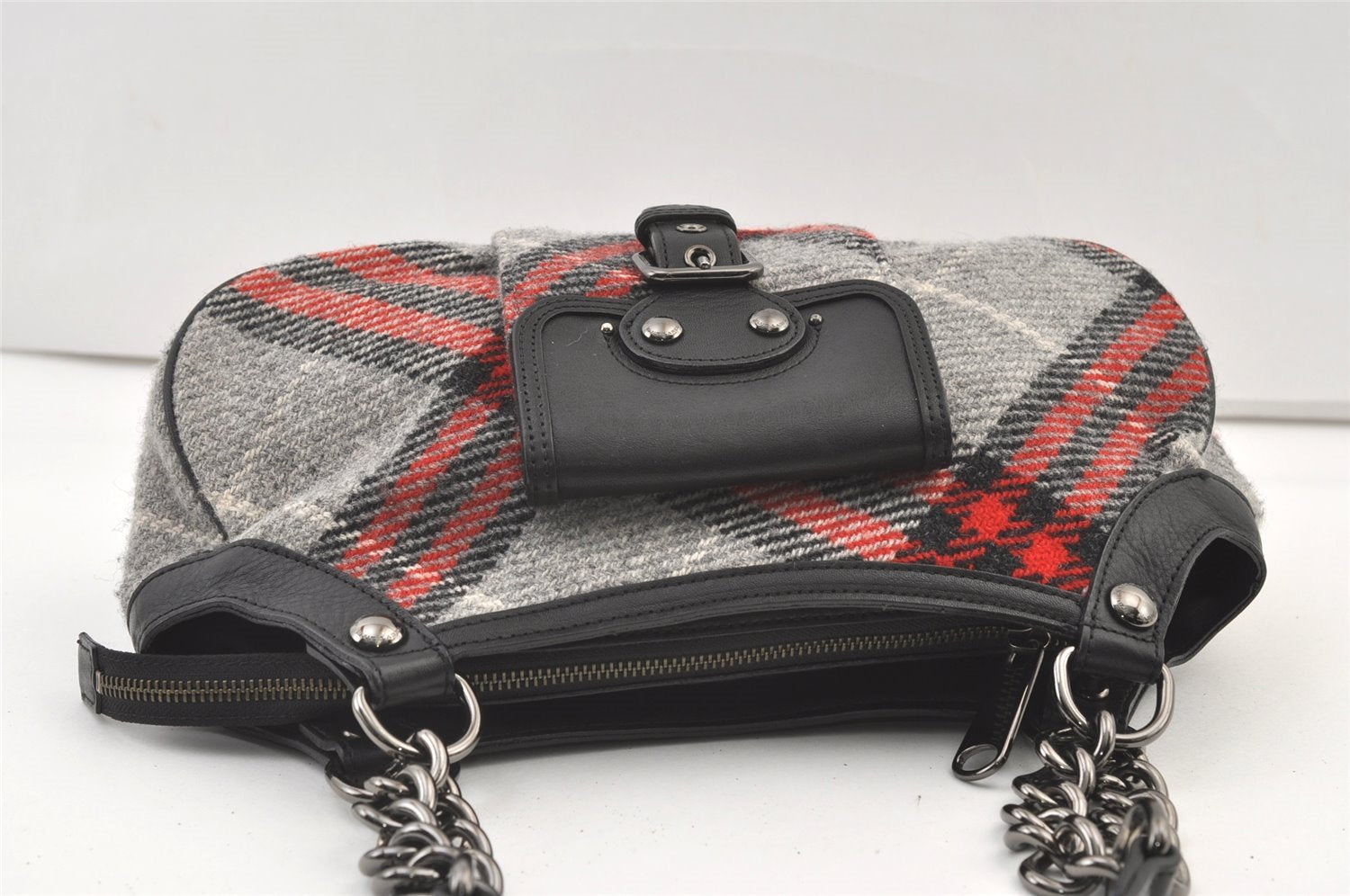 Authentic BURBERRY BLUE LABEL Check Shoulder Bag Wool Leather Gray 1039K