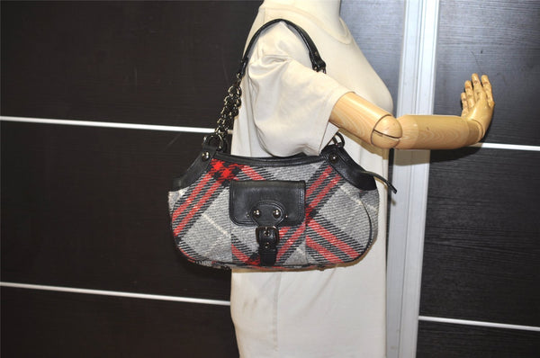 Authentic BURBERRY BLUE LABEL Check Shoulder Bag Wool Leather Gray 1039K