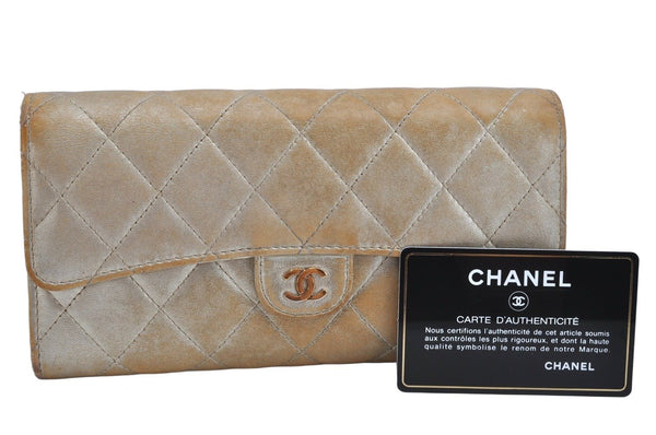 Authentic CHANEL Calf Skin Matelasse CoCo Mark Long Wallet Purse Gold 1040K