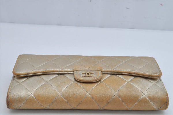 Authentic CHANEL Calf Skin Matelasse CoCo Mark Long Wallet Purse Gold 1040K