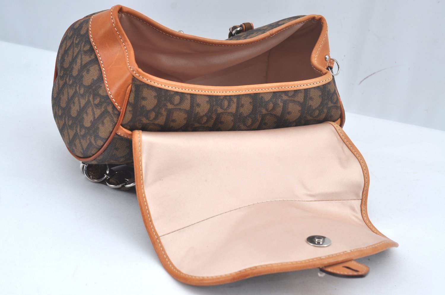 Authentic Christian Dior Trotter Romantic Hand Bag Purse PVC Leather Brown 1042J