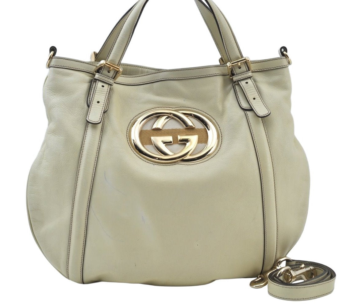 Authentic GUCCI Britt Sherry Line 2Way Tote Bag Leather 162886 White 1043J