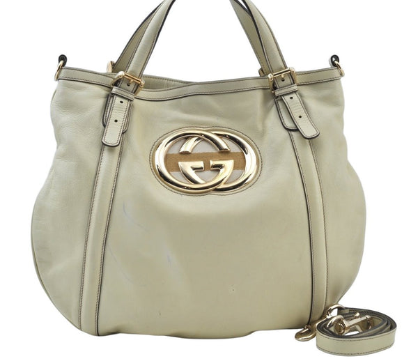 Authentic GUCCI Britt Sherry Line 2Way Tote Bag Leather 162886 White 1043J