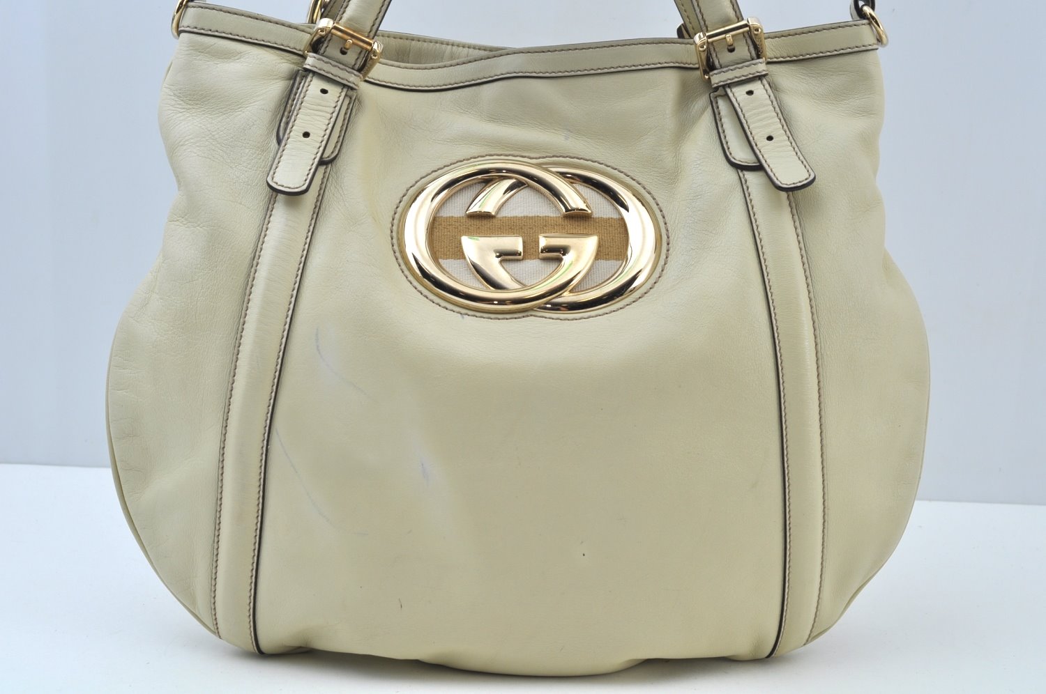 Authentic GUCCI Britt Sherry Line 2Way Tote Bag Leather 162886 White 1043J
