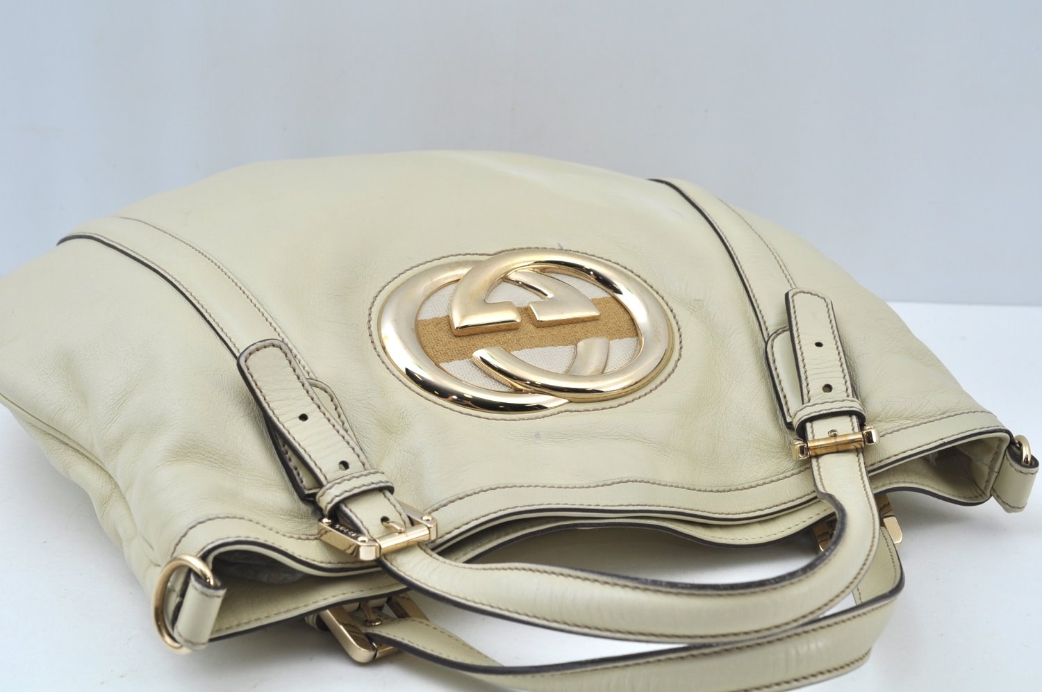 Authentic GUCCI Britt Sherry Line 2Way Tote Bag Leather 162886 White 1043J