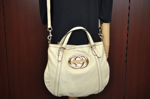 Authentic GUCCI Britt Sherry Line 2Way Tote Bag Leather 162886 White 1043J