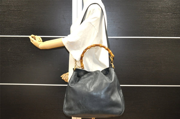 Authentic GUCCI Bamboo 2Way Shoulder Bag Leather Navy Blue Junk 1044I