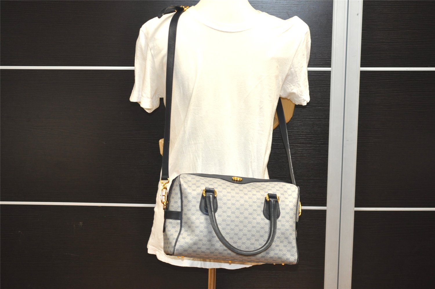 Authentic GUCCI Micro GG PVC Leather 2Way Shoulder Hand Boston Bag Navy 1045I