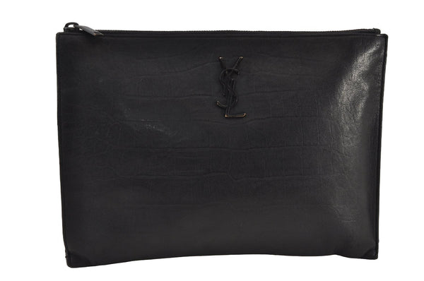 Authentic YVES SAINT LAURENT Clutch Hand Bag Purse Leather GBL453249 Black 1046J