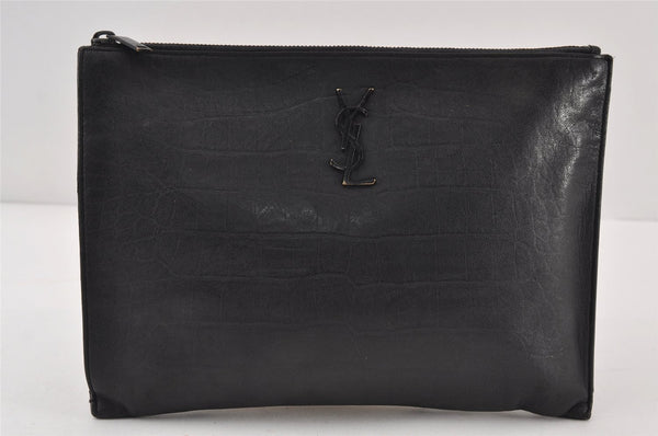 Authentic YVES SAINT LAURENT Clutch Hand Bag Purse Leather GBL453249 Black 1046J