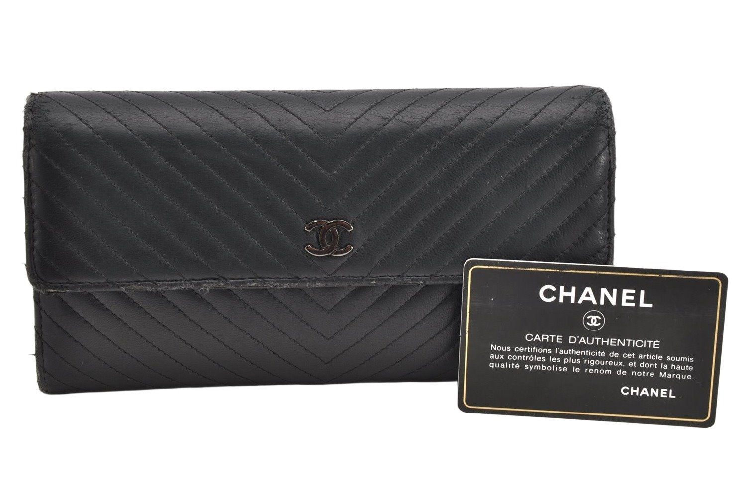 Authentic CHANEL Lamb Skin Chevron V Stitch Long Wallet Purse Black CC 1046K