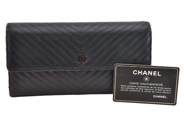 Authentic CHANEL Lamb Skin Chevron V Stitch Long Wallet Purse Black CC 1046K