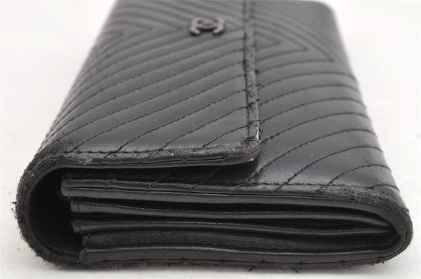 Authentic CHANEL Lamb Skin Chevron V Stitch Long Wallet Purse Black CC 1046K