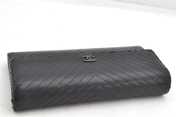 Authentic CHANEL Lamb Skin Chevron V Stitch Long Wallet Purse Black CC 1046K