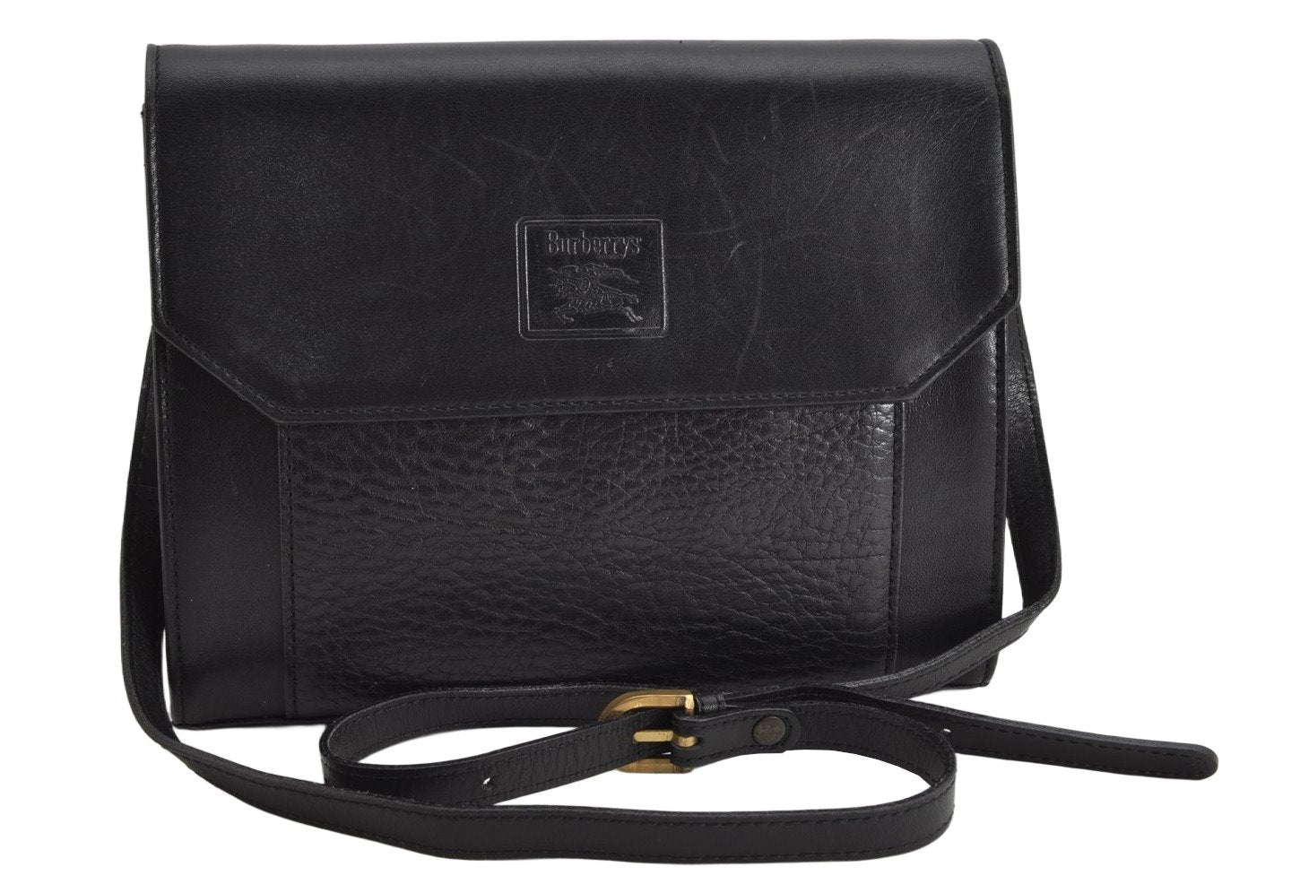 Authentic Burberrys Vintage Leather Shoulder Cross Body Bag Purse Black 1048K