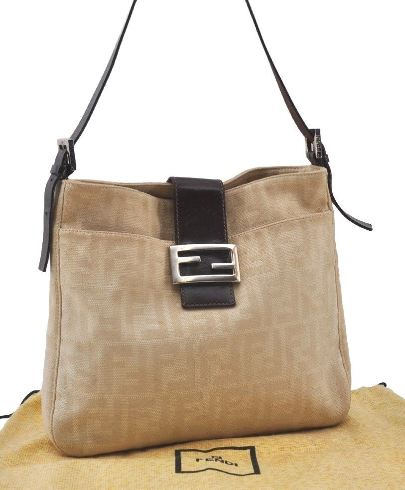 Authentic FENDI Zucca Vintage Shoulder Hand Bag Purse Canvas Leather Beige 1049J