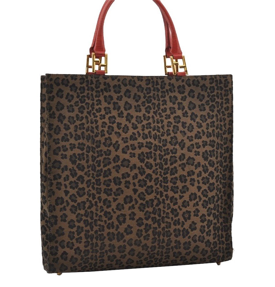 Authentic FENDI Leopard Pattern Canvas Leather Shoulder Tote Bag Brown 1050J