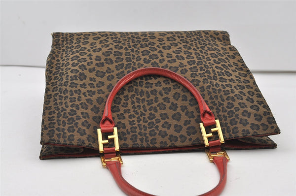 Authentic FENDI Leopard Pattern Canvas Leather Shoulder Tote Bag Brown 1050J