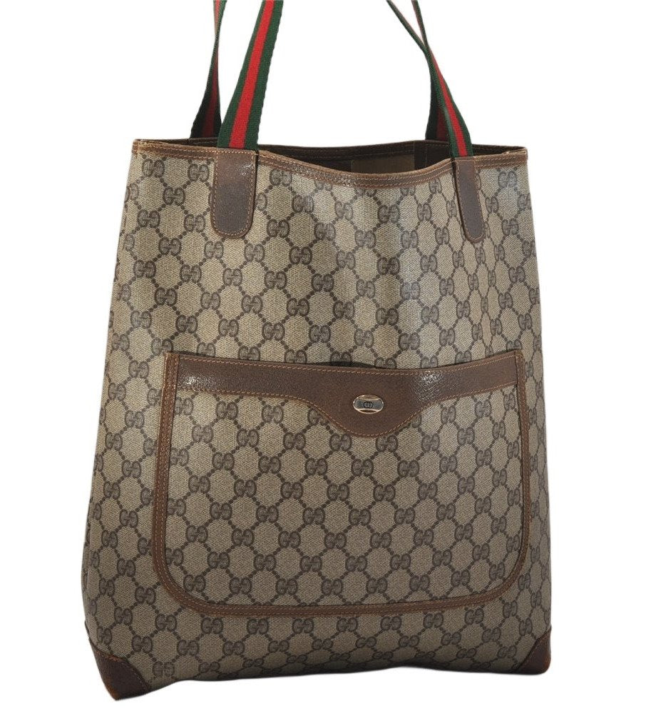 Authentic GUCCI Web Sherry Line Shoulder Tote Bag GG PVC Leather Brown 1050K