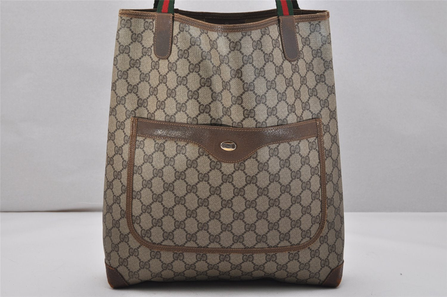 Authentic GUCCI Web Sherry Line Shoulder Tote Bag GG PVC Leather Brown 1050K