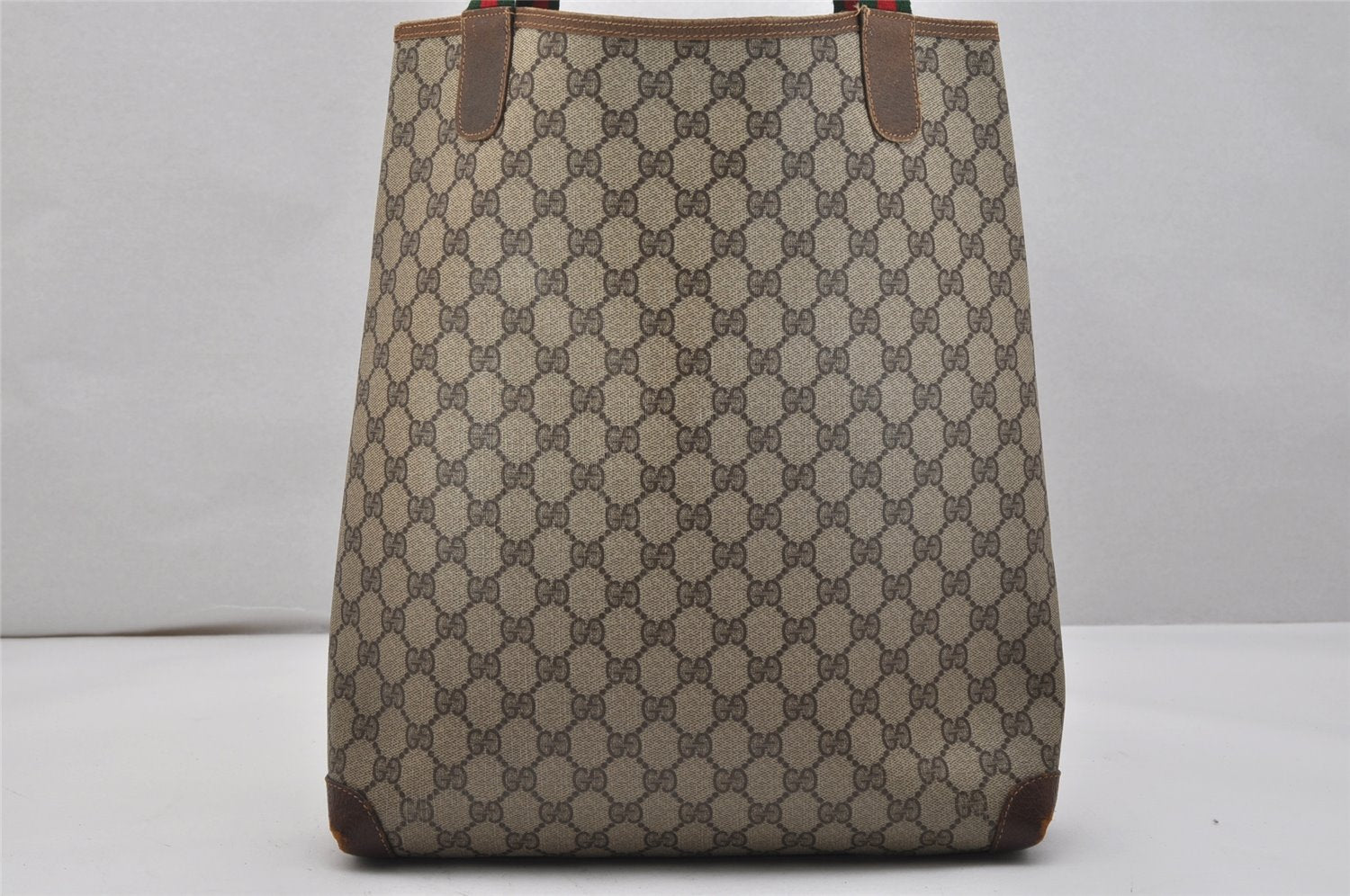 Authentic GUCCI Web Sherry Line Shoulder Tote Bag GG PVC Leather Brown 1050K