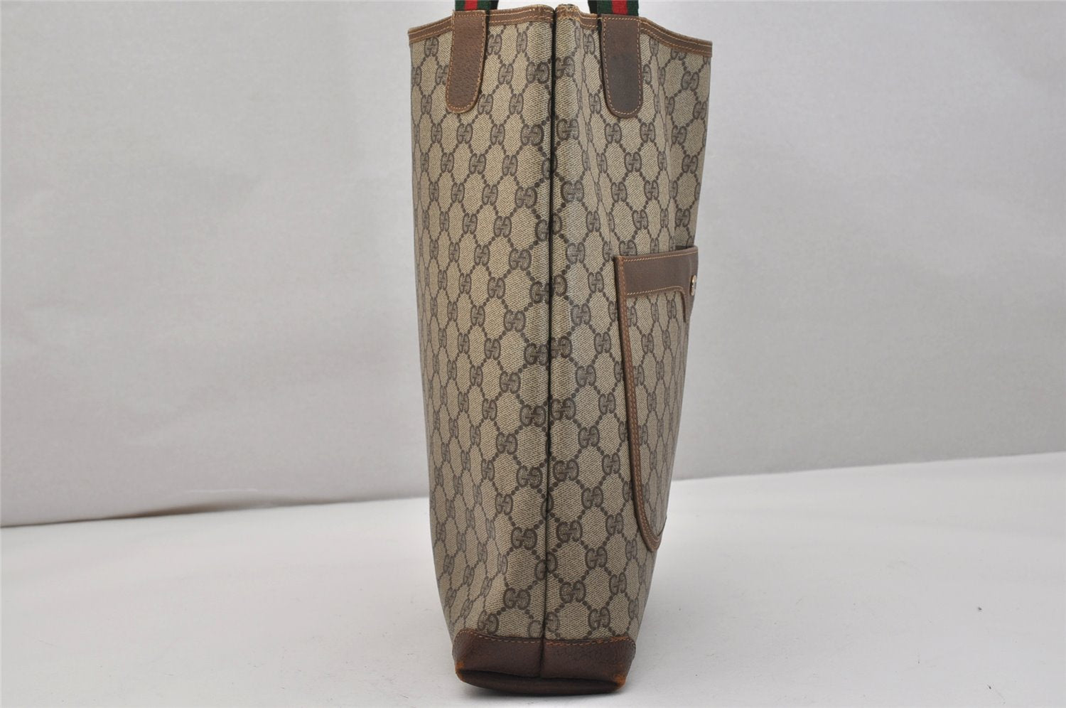 Authentic GUCCI Web Sherry Line Shoulder Tote Bag GG PVC Leather Brown 1050K