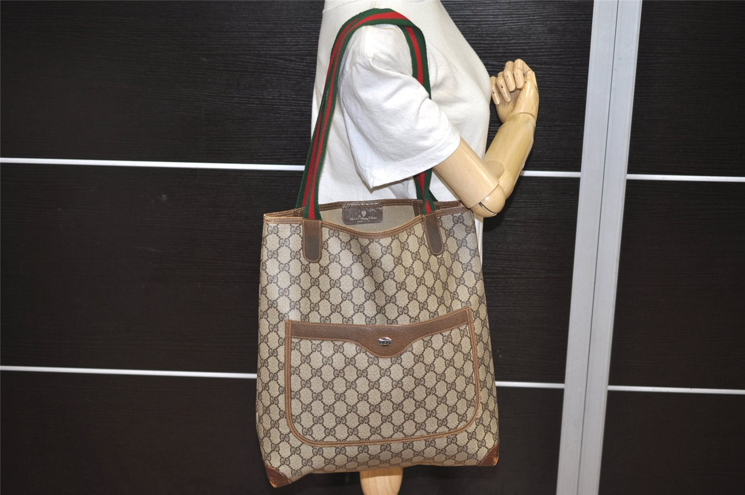 Authentic GUCCI Web Sherry Line Shoulder Tote Bag GG PVC Leather Brown 1050K