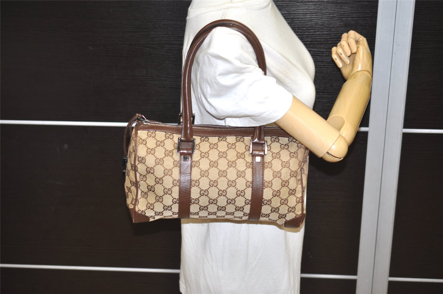 Authentic GUCCI Shoulder Hand Bag Purse GG Canvas Leather 30458 Brown 1051K