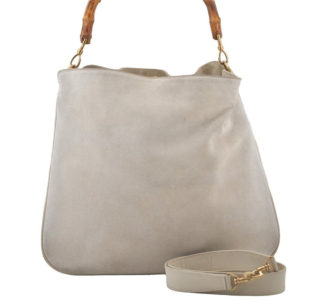 Authentic GUCCI Bamboo 2Way Shoulder Hand Bag Suede Leather White Junk 1052J